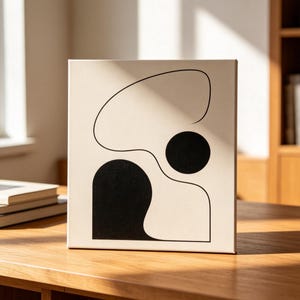 May include: A canvas art print featuring a minimalist abstract design. The artwork showcases a black circular shape and a curved black line against a cream-colored background. The piece is displayed on a wooden surface.