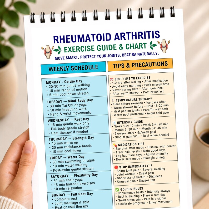 K&ouml;nnte beinhalten: Ein spiralgebundener &Uuml;bungsleitfaden und Diagramm f&uuml;r rheumatoide Arthritis mit einem Wochenplan und Tipps. Das Dokument enth&auml;lt Abschnitte f&uuml;r t&auml;gliche Aktivit&auml;ten, W&auml;rmetherapie, Intensit&auml;tsrichtlinien, Medikationstipps und Sicherheitsvorkehrungen.