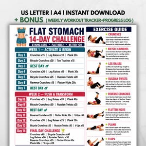 14-Tage-Challenge für einen flachen Bauch (zum Ausdrucken) | Bauchmuskeltraining-Challenge (PDF) | Übungsplan für einen flachen Bauch | Bauchstraffungs-Trainingsplan