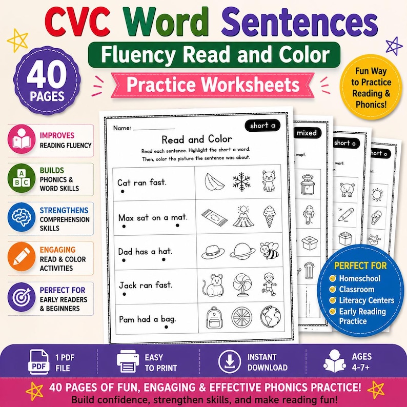 CVC Word Sentences Worksheets | Fluency Read and Color Activities ...