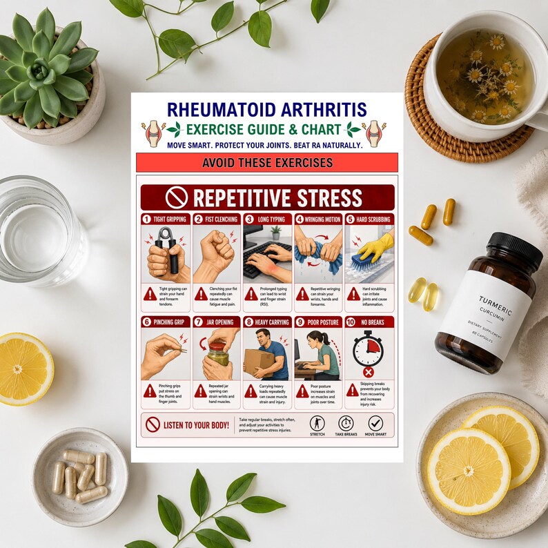 K&ouml;nnte beinhalten: Ein &Uuml;bungsleitfaden und Diagramm f&uuml;r rheumatoide Arthritis mit zehn nummerierten Illustrationen von zu vermeidenden repetitiven Belastungen, wie festes Greifen, Tippen und schweres Heben, inklusive Textanweisungen und einem rot-wei&szlig;en Farbschema.
