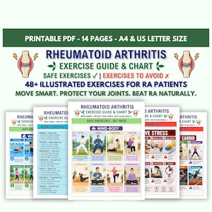 K&ouml;nnte beinhalten: Ein 14-seitiger, druckbarer PDF-&Uuml;bungsleitfaden und eine Tabelle f&uuml;r rheumatoide Arthritis mit 48 illustrierten &Uuml;bungen. Das Dokument enth&auml;lt einen Wochenplan, sichere &Uuml;bungen und zu vermeidende Bewegungen, betitelt RHEUMATOID ARTHRITIS.