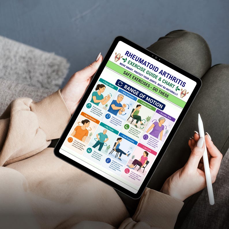 K&ouml;nnte beinhalten: Ein digitales Tablet mit einem &Uuml;bungsleitfaden und Diagramm f&uuml;r rheumatoide Arthritis. Der Bildschirm zeigt farbenfrohe Illustrationen von Personen, die verschiedene Bewegungs&uuml;bungen ausf&uuml;hren, darunter Fingerbeugen und Handgelenksrotationen.