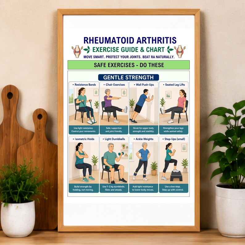 K&ouml;nnte beinhalten: Ein gerahmtes &Uuml;bungsplakat mit dem Titel Rheumatoid Arthritis Exercise Guide & Chart. Das Poster zeigt Illustrationen von acht sanften Kraft&uuml;bungen, darunter Widerstandsb&auml;nder, Stuhl&uuml;bungen, Wandliegest&uuml;tze und Beinstrecken.
