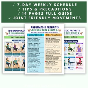 K&ouml;nnte beinhalten: Ein 14-seitiger &Uuml;bungsleitfaden und eine Tabelle f&uuml;r rheumatoide Arthritis mit einem 7-Tage-Wochenplan, Tipps, Vorsichtsma&szlig;nahmen und gelenkschonenden Bewegungen, erg&auml;nzt durch Illustrationen verschiedener &Uuml;bungen und Anleitungen.