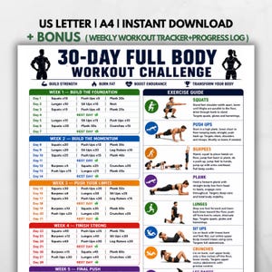 Défi sportif de 30 jours (à imprimer) | Tableau d'exercices complet (PDF) | Défi fitness de 30 jours | Programme d'entraînement à domicile