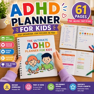 Puede incluir: Planificador de TDAH para niños con 61 páginas. La portada presenta el texto "The Ultimate ADHD Planner for Kids" e ilustraciones de niños. El planificador incluye secciones para rutinas diarias, seguimiento de emociones, tareas escolares y listas de verificación de tareas. El planificador está diseñado para ayudar a los niños a mantenerse organizados y enfocados.
