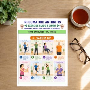 K&ouml;nnte beinhalten: Ein Poster mit einem &Uuml;bungsleitfaden und Diagramm f&uuml;r rheumatoide Arthritis mit Illustrationen von Aufw&auml;rm&uuml;bungen. Der Text enth&auml;lt 'RHEUMATOID ARTHRITIS EXERCISE GUIDE & CHART', 'MOVE SMART. PROTECT YOUR JOINTS. BEAT RA NATURALLY.' und 'SAFE EXERCISES - DO THESE'.
