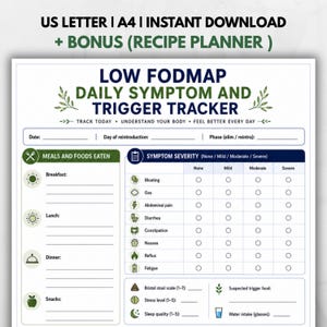 May include: A printable Low FODMAP Daily Symptom and Trigger Tracker document featuring sections for meals, symptom severity, Bristol stool scale, stress, sleep, and water intake. The text includes US LETTER, A4, INSTANT DOWNLOAD, and BONUS RECIPE PLANNER.