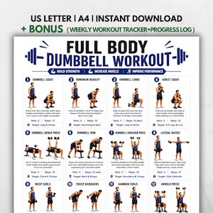 May include: A digital workout chart titled FULL BODY DUMBBELL WORKOUT featuring twelve numbered exercise illustrations with instructions, set and rep counts, and target muscle groups. Includes text: US LETTER | A4 | INSTANT DOWNLOAD + BONUS.