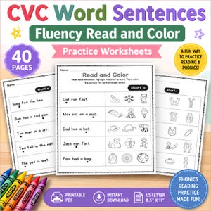 Op de afbeelding: Educatieve werkbladen voor beginnende lezers. De afbeelding toont "CVC Word Sentences" en "Fluency Read and Color" oefenbladen met oefeningen. Inclusief kleurrijke kleurpotloden en de tekst "40 PAGES". De werkbladen zijn US Letter formaat, 21,59 cm x 27,94 cm.