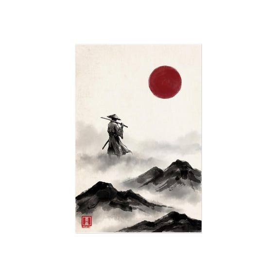 Mountain Dawn | Samurai Ink Wall Art | Black & White Ink Wall Art | Poster