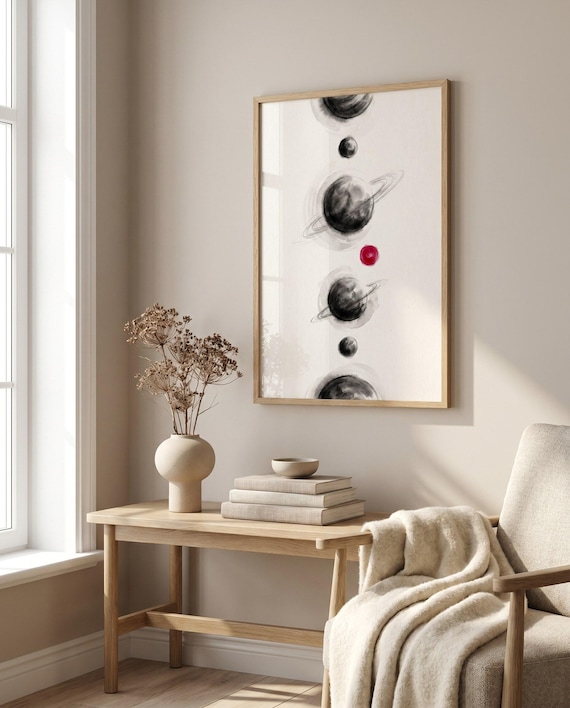 Planets Alignment Ink Print | Black White Red Minimalist Celestial Art (Digital Download)