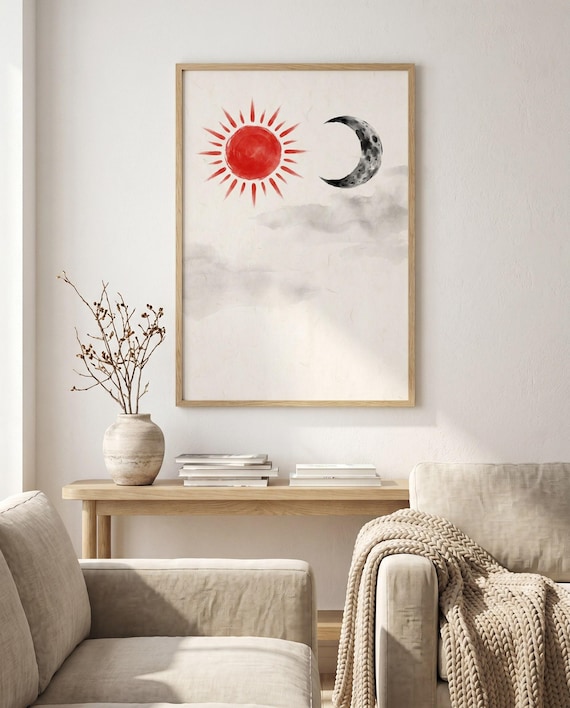 Sun Moon Ink Print | Black White Red Celestial Boho Art (Digital Download)