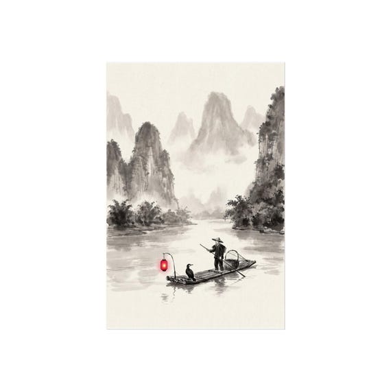 Guilin Cormorant Ink Art Print | Chinese Culture Wall Art, Minimalist Black White Poster
