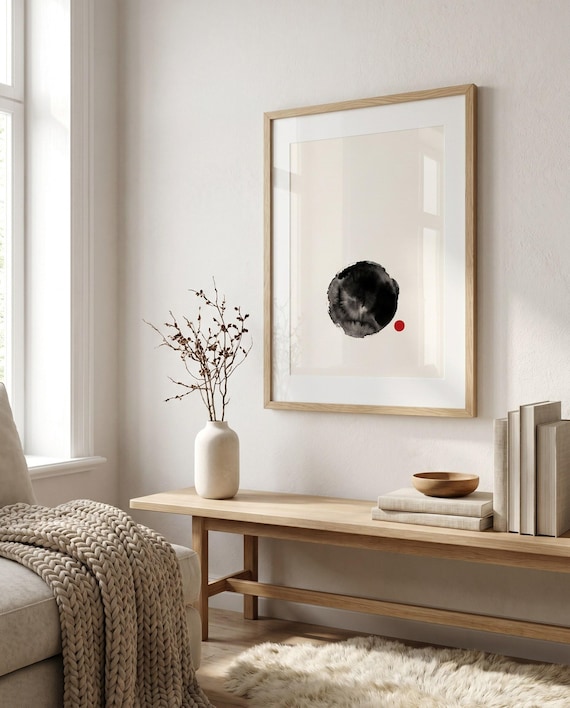 Minimalist Moon Circle Ink Print | Black White Red Zen Celestial Art (Digital Download)