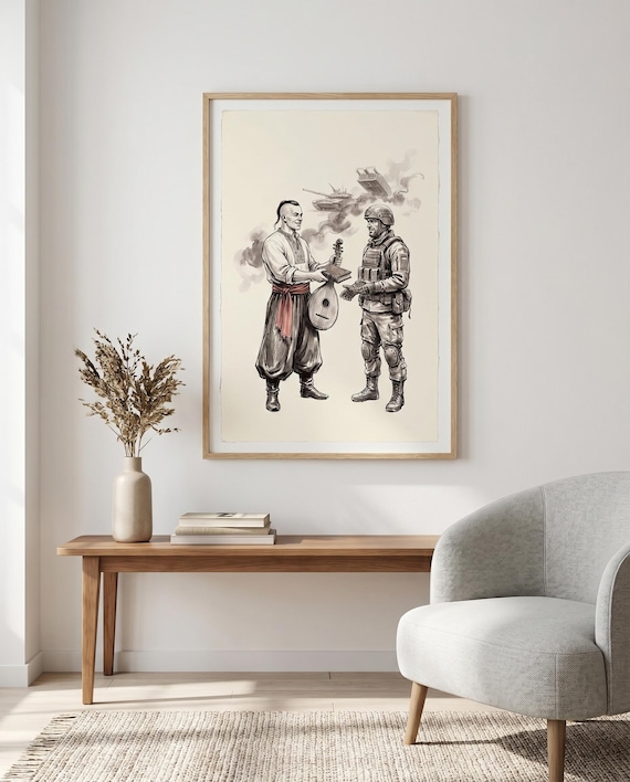 Cossack Passing Kobza and Wisdom | Ukrainian Cossack Wall Art | Black & White Ink | Digital Download