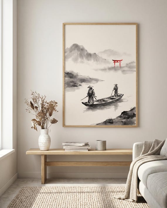 Ronin Samurai on Misty River Ferry | Black White Red Torii Ink Art | Printable Wall Art | Instant Download