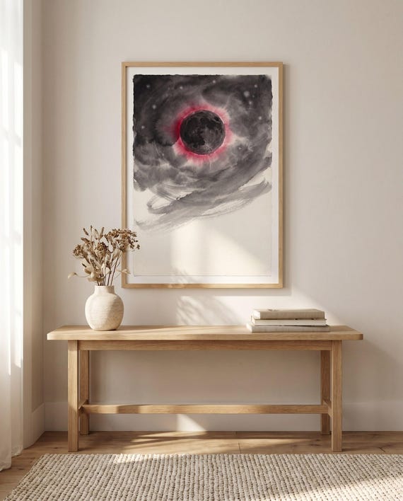 Solar Eclipse Ink Print | Black White Red Celestial Art (Digital Download)