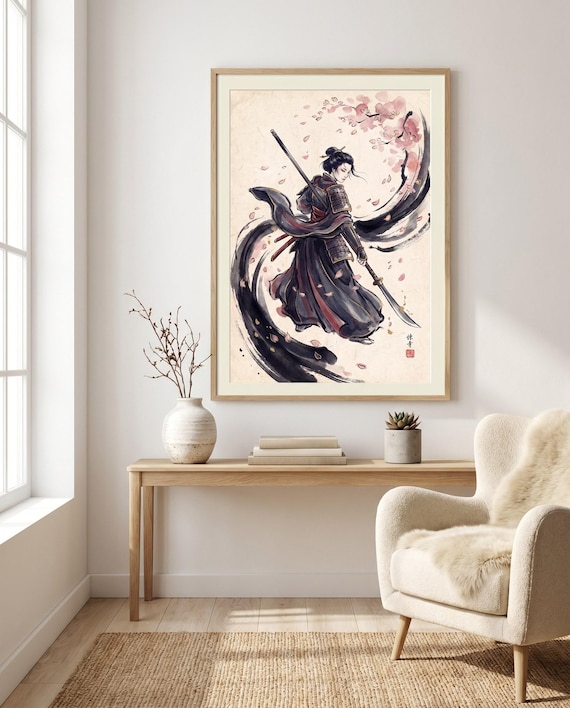 Onna-Bugeisha Female Samurai Cherry Blossom | Japanese Ink Wall Art | Printable Digital Download | Sakura Decor