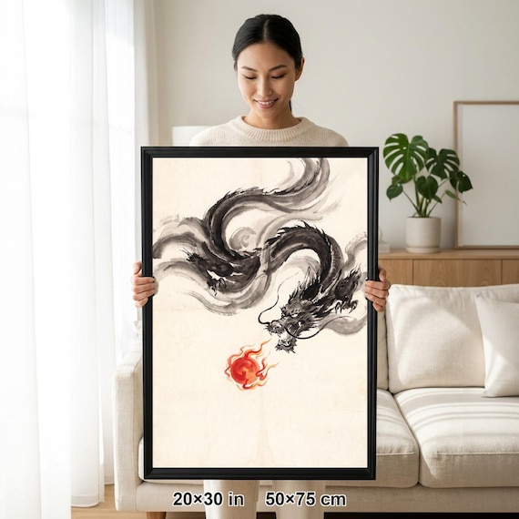 Pearl | Framed Japanese Dragon Sumi-e | Black & White Ink