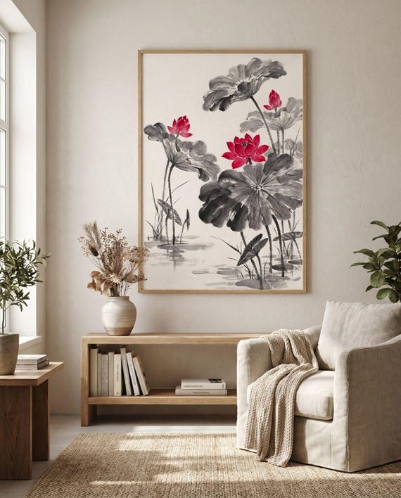 Red Lotus Chinese Ink Black White | Selective Color Wall Art Print | Printable Digital Download | Zen Spa Decor