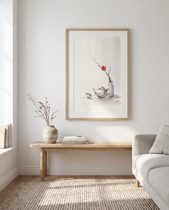 Zen Tea Still Life Ink Print | Minimalist Japandi Wall Art (Digital Download)