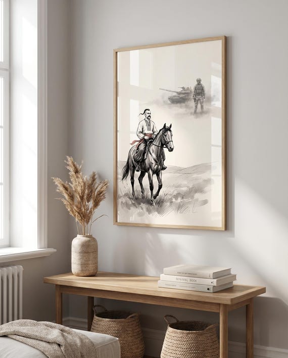 Cossack Horseman and Modern Soldier | Ukrainian Cossack Wall Art | Black & White Ink | Digital Download