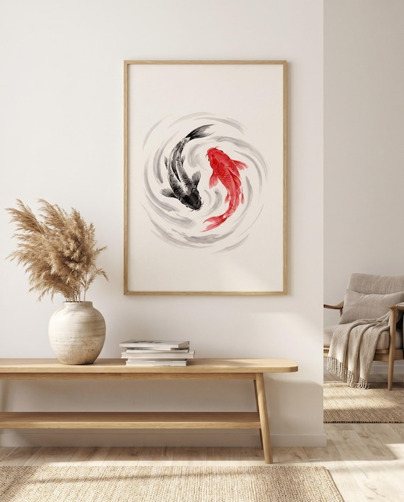 Koi Fish Pair Yin Yang Ink | Black White Red Minimalist Wall Art | Printable Digital Download | Zen Japandi Decor