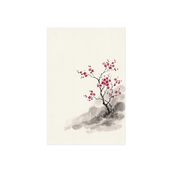 Lone Tree | Cherry Blossom Sumi-e | Black & White Ink Wall Art | Poster