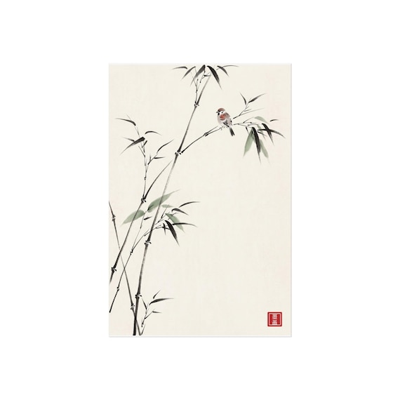 Bamboo Sparrow Sumi-e Ink Art Print | Zen Black & White Wall Art (Unframed)