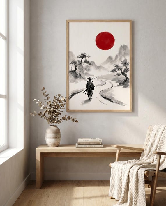 Wandering Ronin Samurai on Road at Dusk | Black White Red Sun Ink Art | Printable Wall Art | Instant Download