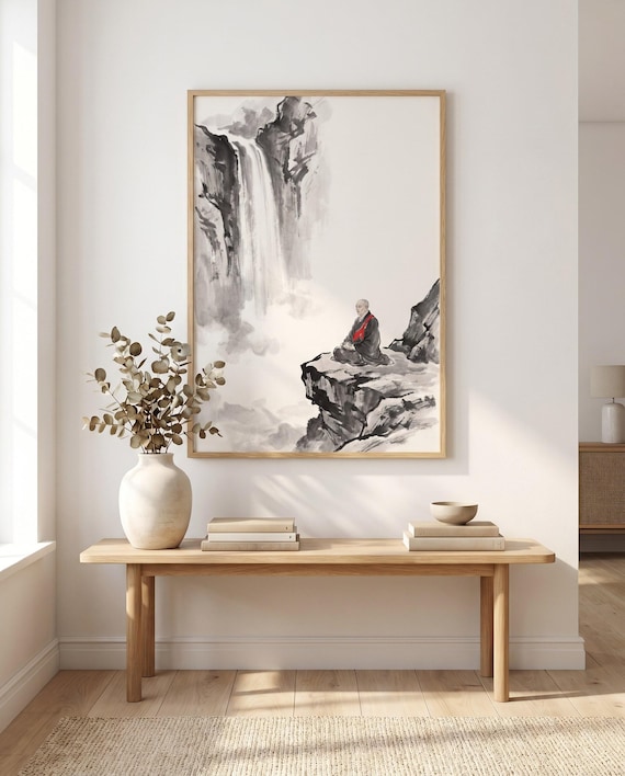 Monk Waterfall Meditation Ink | Black White Red Wall Art | Printable Digital Download | Zen Japandi Decor