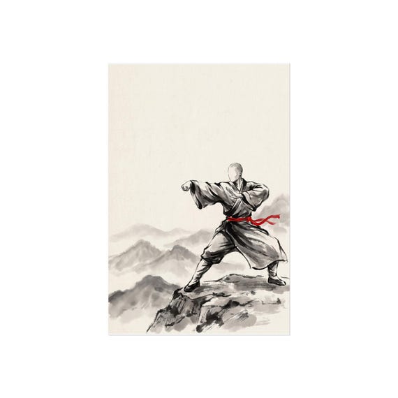Kung Fu Mountains | Zen Life Sumi-e Scene | Black & White Ink Wall Art | Poster