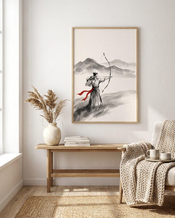 Kyudo Archer Mountains Ink | Black White Red Minimalist Wall Art | Printable Digital Download | Zen Decor