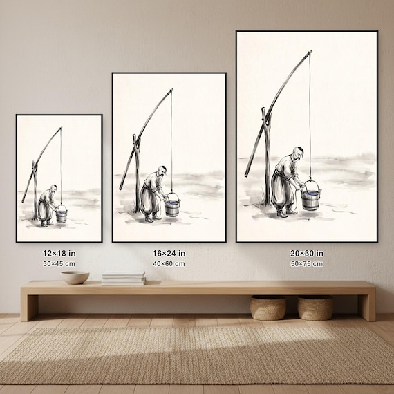 Ukrainian Cossack Well Crane Ink Art Print | Black White Minimalist Wall Art