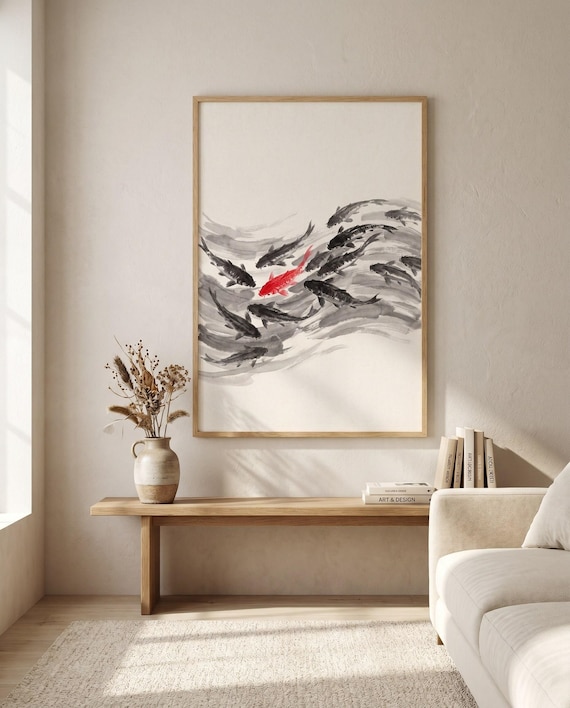 School of Koi Fish Ink | Black White Red Minimalist Wall Art | Printable Digital Download | Zen Japandi Decor