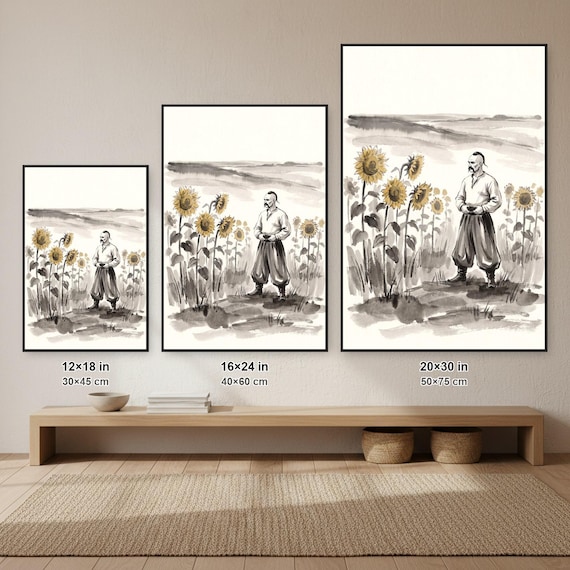 Sunflowers Ukrainian Cossack Ink Art Print | Black White Wall Art Poster