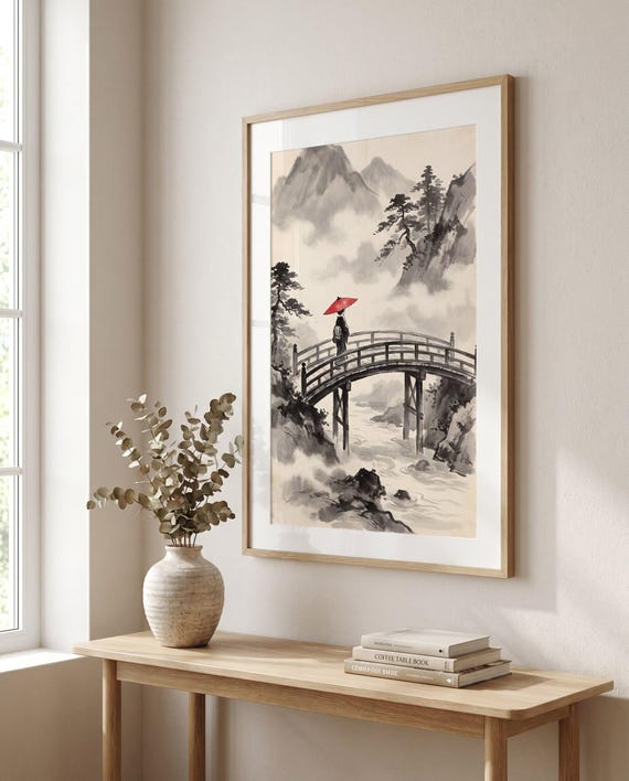 Traveler Bridge Mist Ink | Black White Red Minimalist Wall Art | Printable Digital Download | Zen Japandi Decor