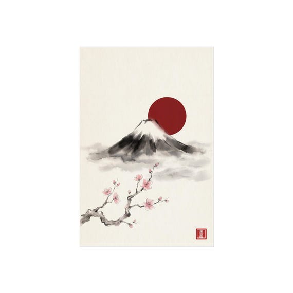 Mount Fuji Zen Ink Art Print | Black White Sumi-e Poster
