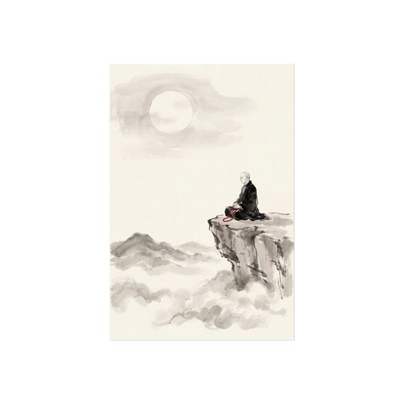 Monk Moon Cliff | Zen Life Sumi-e Scene | Black & White Ink Wall Art | Poster