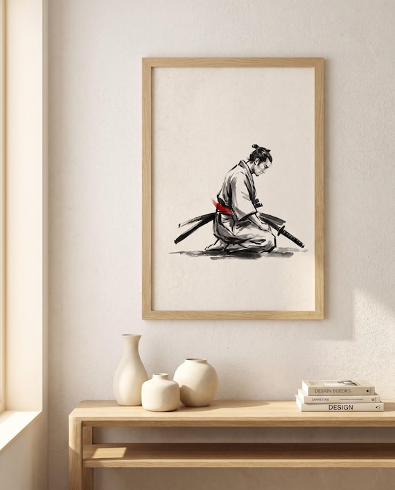 Samurai Bowing Honor Ink | Black White Red Minimalist Wall Art | Printable Digital Download | Japandi Zen Decor