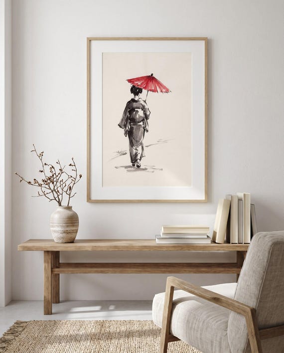 Kimono Woman Parasol Ink Print | Red Minimalist Japandi Wall Art (Digital Download)