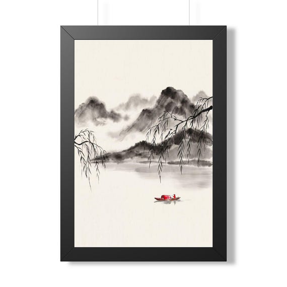 Willow Boat | Framed Chinese Ink Painting | Black & White Ink