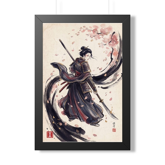 Onna-bugeisha Sakura | Framed Samurai Ink Wall Art | Black & White Ink