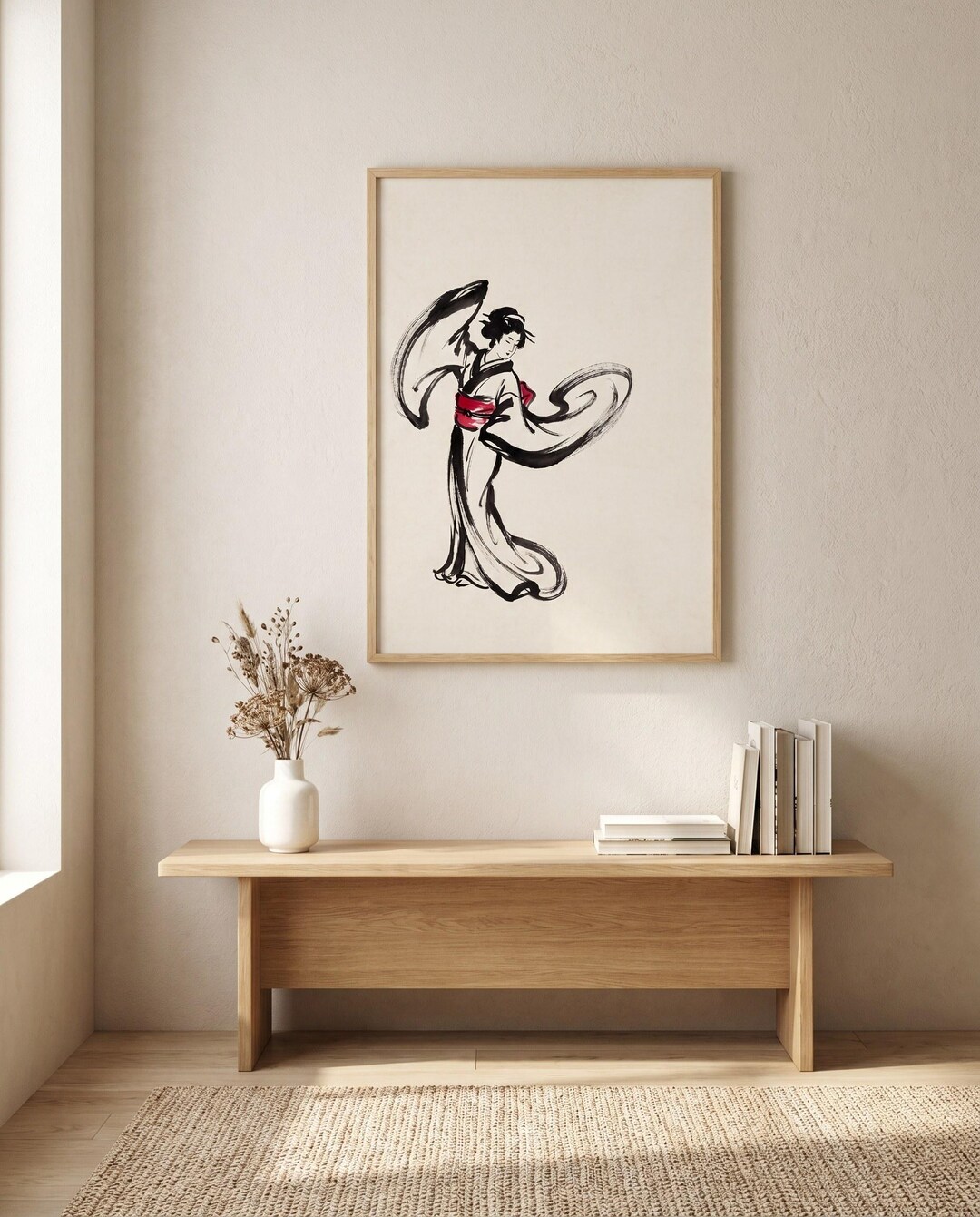 Japanese Wall Art | Red Flowing Sleeves Kimono Sumi-e Ink Print