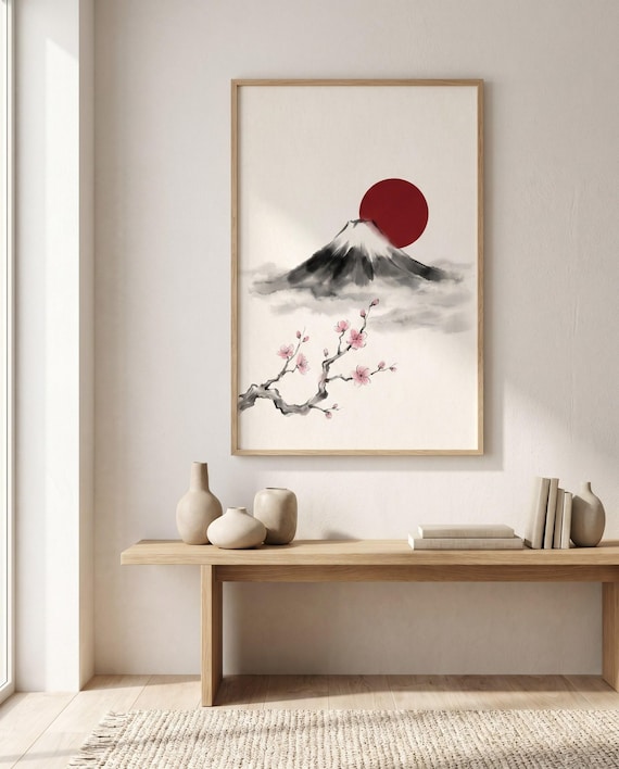 Mount Fuji Cherry Blossom Ink Print | Japanese Sumi-e Wall Art (Digital Download)