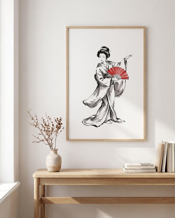 Geisha Dance Fan Ink Print | Minimalist Japanese Wall Art (Digital Download)