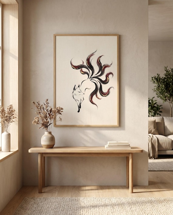 Nine-Tailed Fox Kitsune Ink | Japanese Wall Art Print | Printable Digital Download | Mystical Zen Home Decor