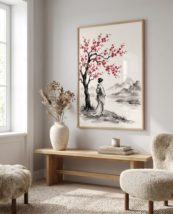 Woman Cherry Blossom River Ink Painting | Black White Red Japandi Wall Art (Digital Download)